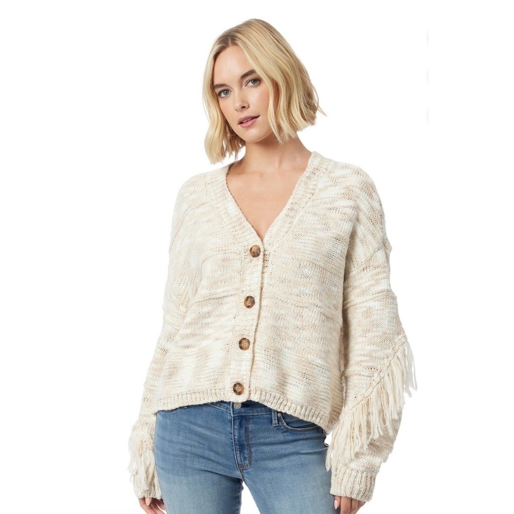 Jessica Simpson Aamina Fringe Cardigan Oatmeal Combo Textured Knit V Neck-XL
